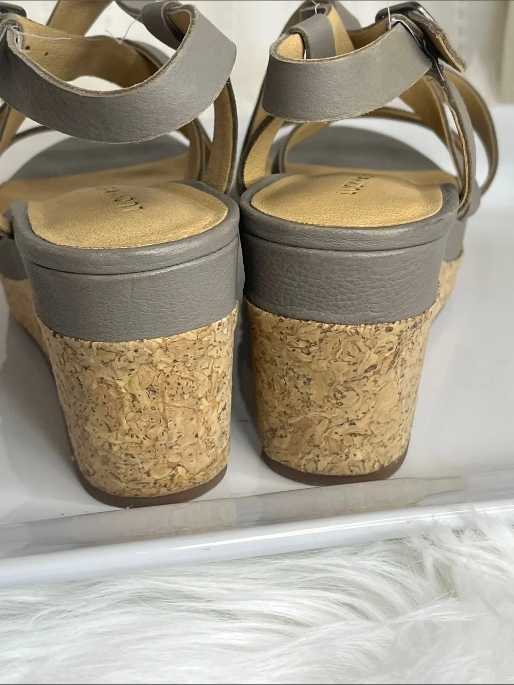 Lucky Brand Gray Strappy Cork Wedge Sandals